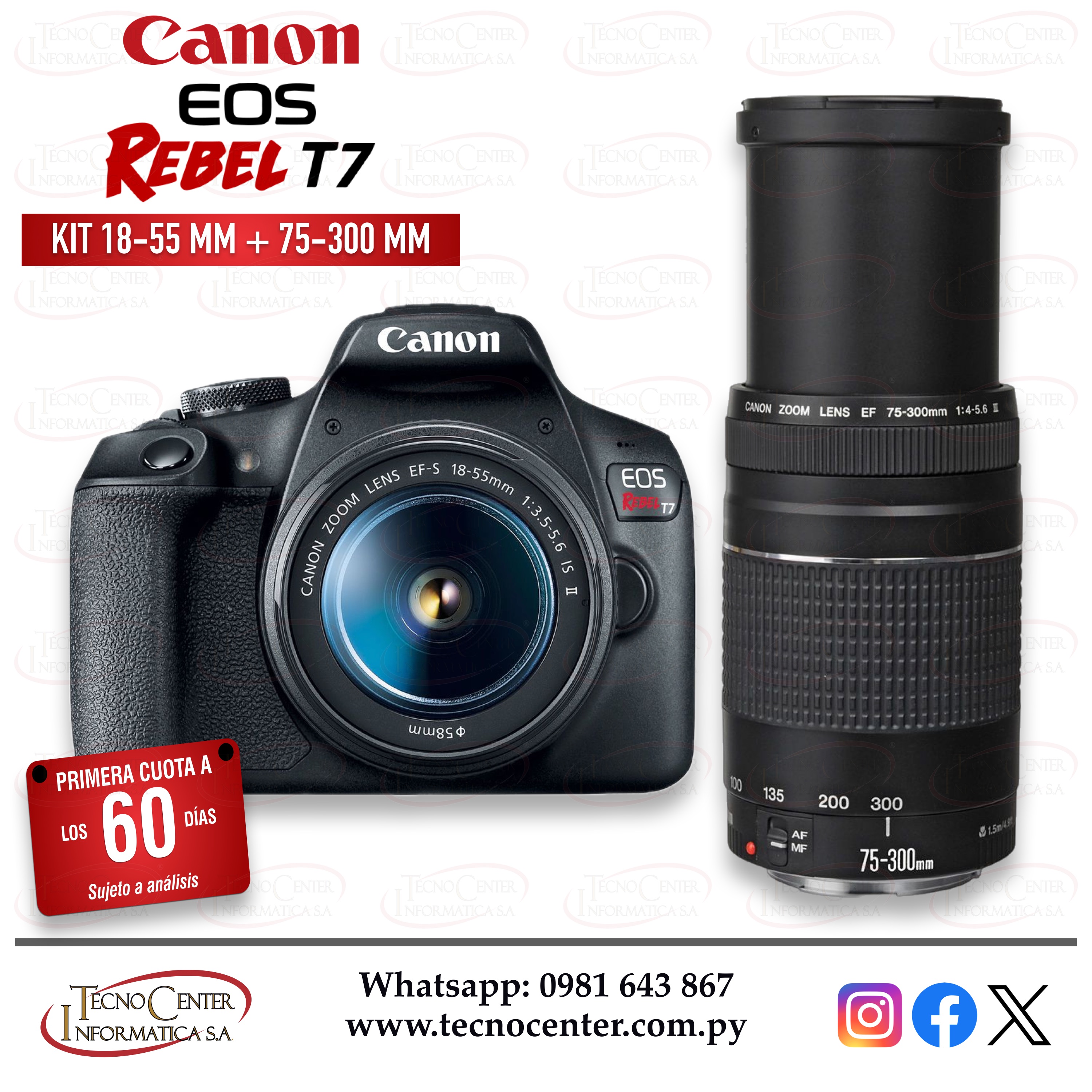Cámara Canon EOS Rebel T7 Kit 18-55mm. + 75-300mm